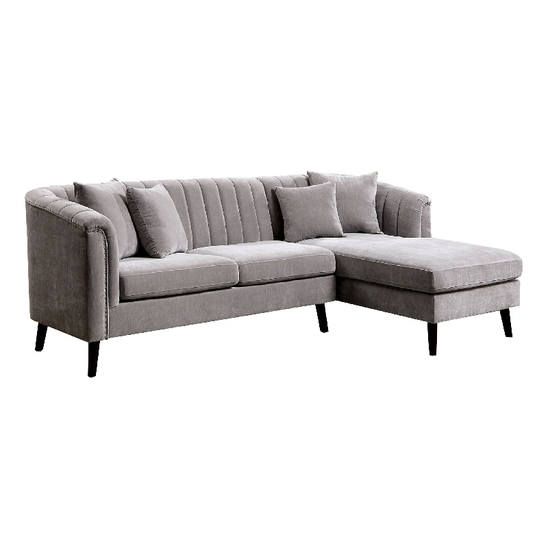 Willy L-Shaped Sectional- 4 Pillows- Gray Tufted Chenille- 99 Inch