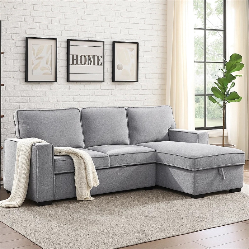 Iris Sectional Sofa- Pull Out Sleeper- Storage Chaise- Gray- 93 Inch