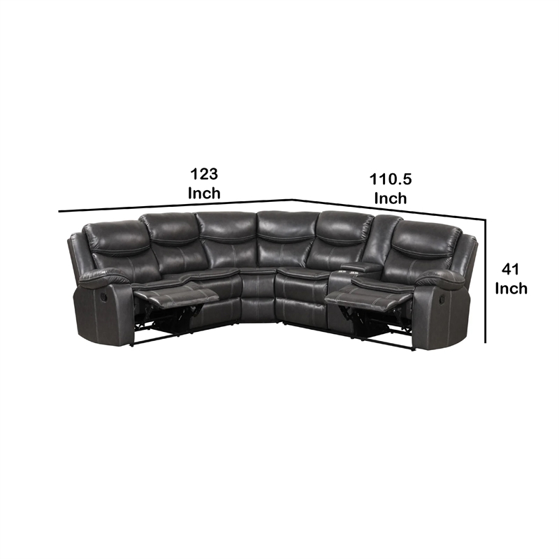 Polly Manual Recliner Sectional Sofa- Gray Faux Leather- 123 Inch