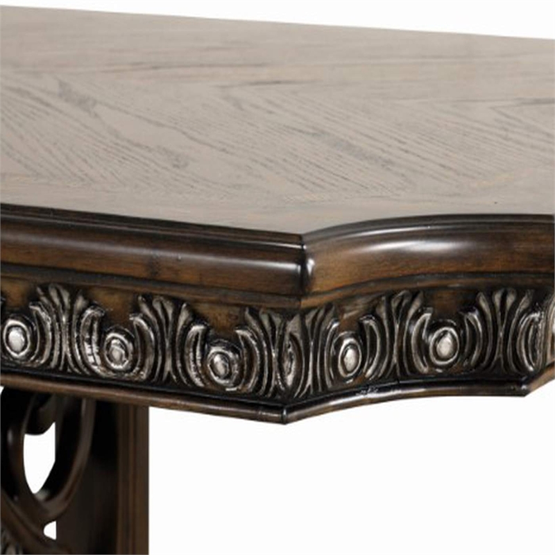 Naddy Dining Table- 80-112 Inch Extendable Top- Dark Brown Floral Motifs
