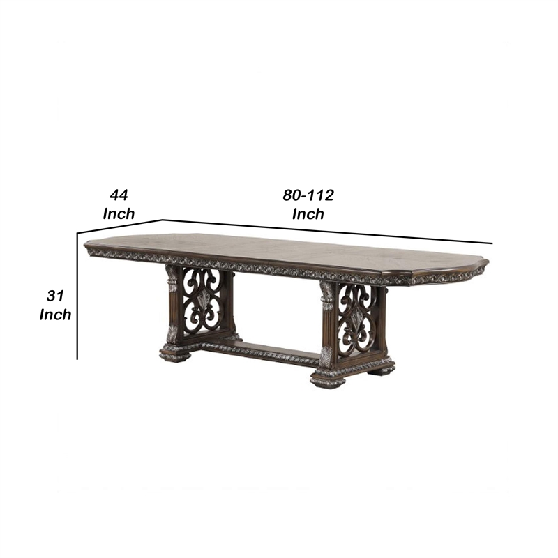 Naddy Dining Table- 80-112 Inch Extendable Top- Dark Brown Floral Motifs