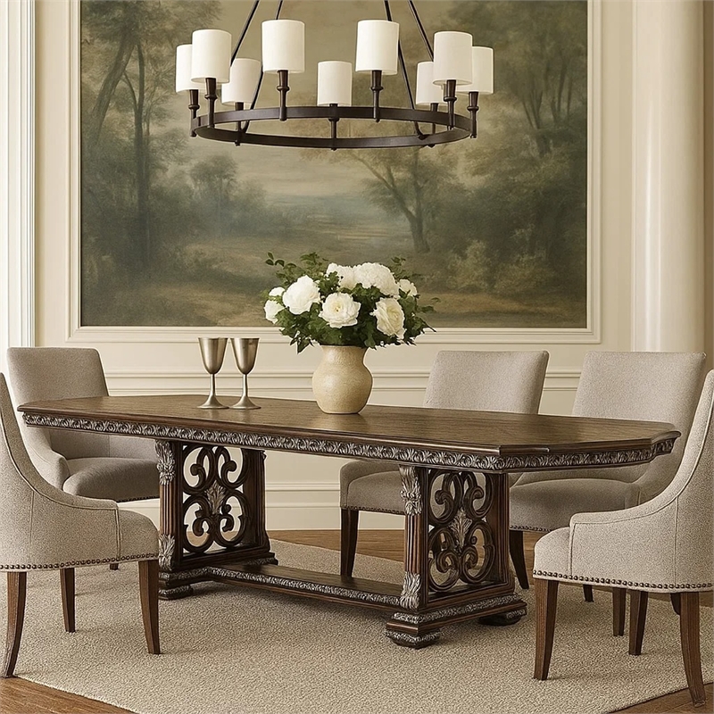 Naddy Dining Table- 80-112 Inch Extendable Top- Dark Brown Floral Motifs