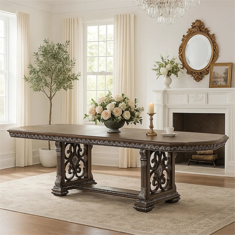 Naddy Dining Table- 80-112 Inch Extendable Top- Dark Brown Floral Motifs