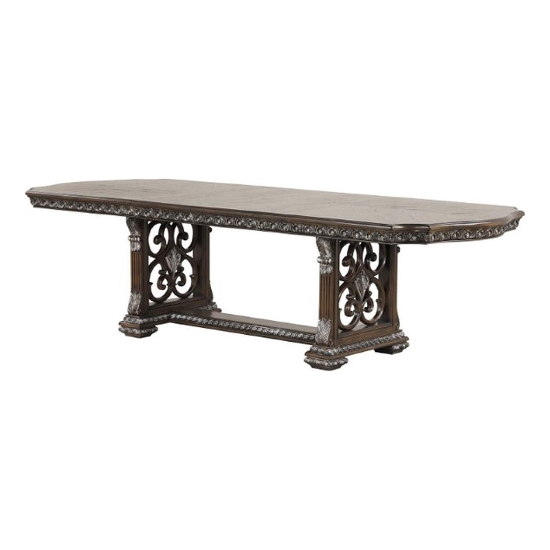 Naddy Dining Table- 80-112 Inch Extendable Top- Dark Brown Floral Motifs