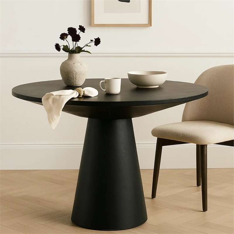 Toty Dining Table- 59 Inch Round Top- Modern Cone Pedestal Base- Black