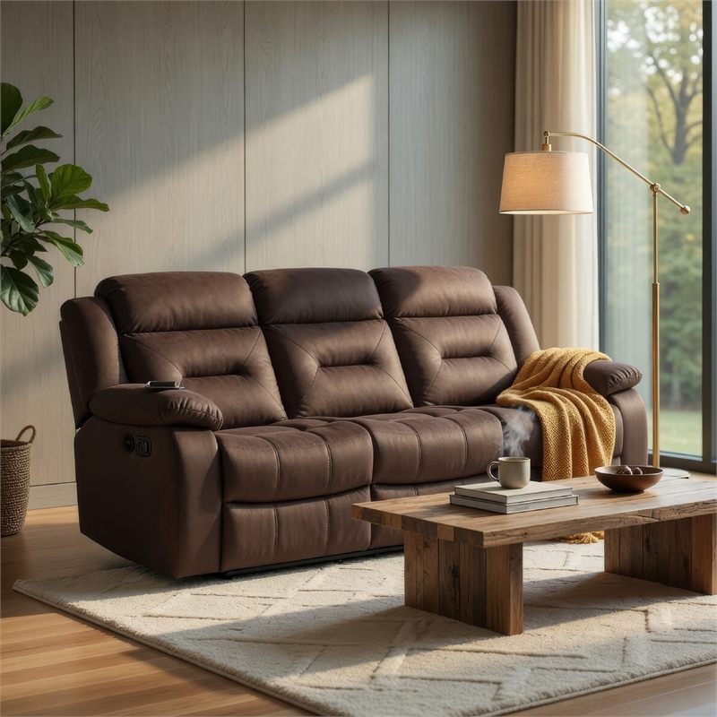 Harper Manual Reclining Sofa- USB Port- Brown Tufted Velvet- 84 Inch
