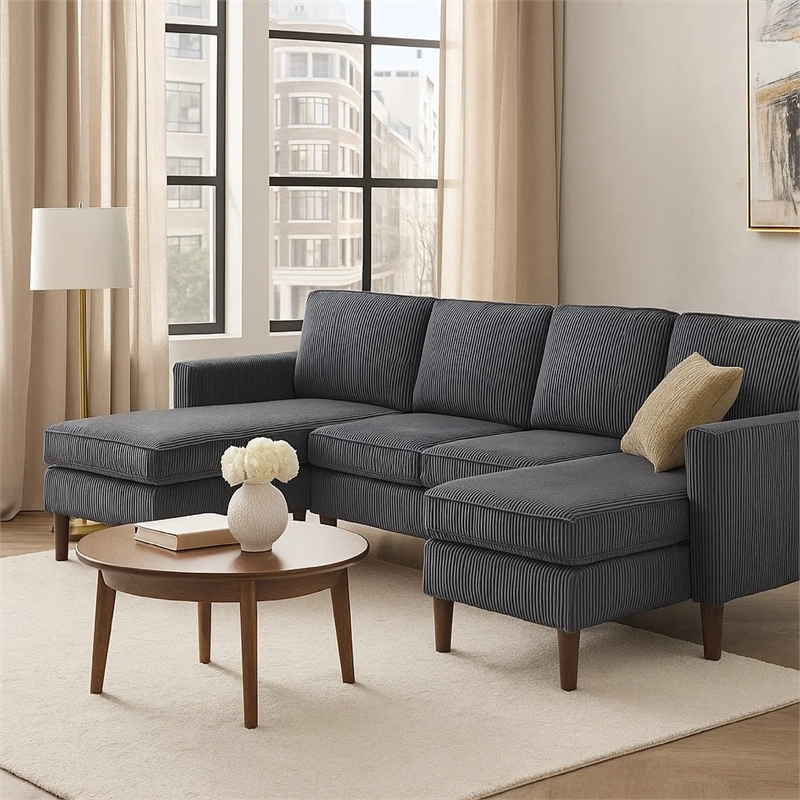 Nyla All-In-One Sectional Sofa Set with Double Chaise- Dark Gray Corduroy