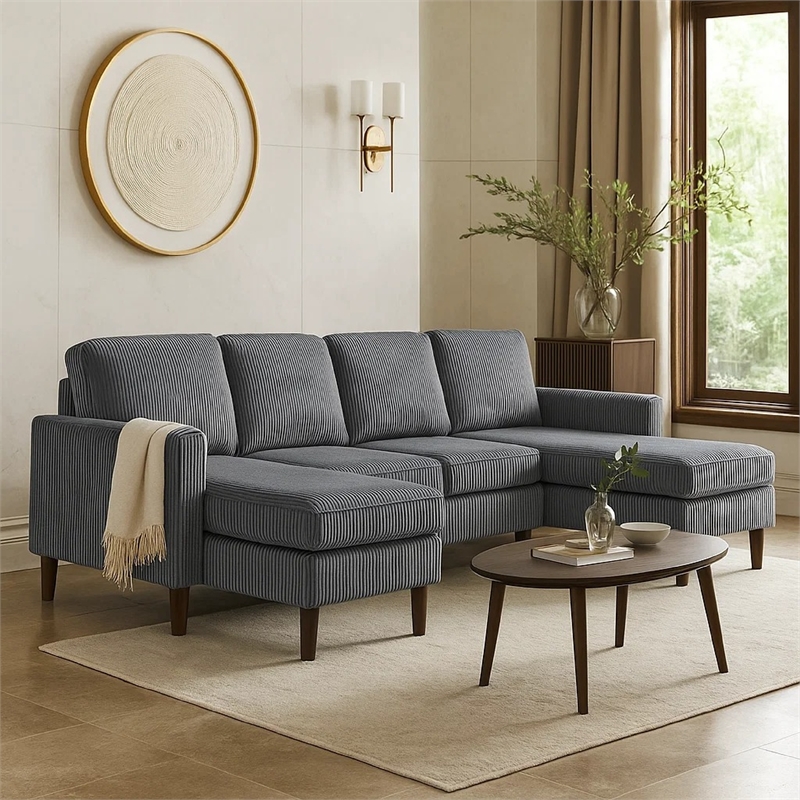Nyla All-In-One Sectional Sofa Set with Double Chaise- Dark Gray Corduroy