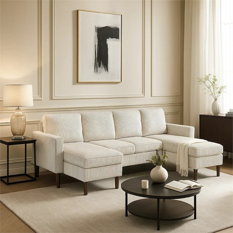 Nyla All-In-One Sectional Sofa Set with Double Chaise- Beige Corduroy