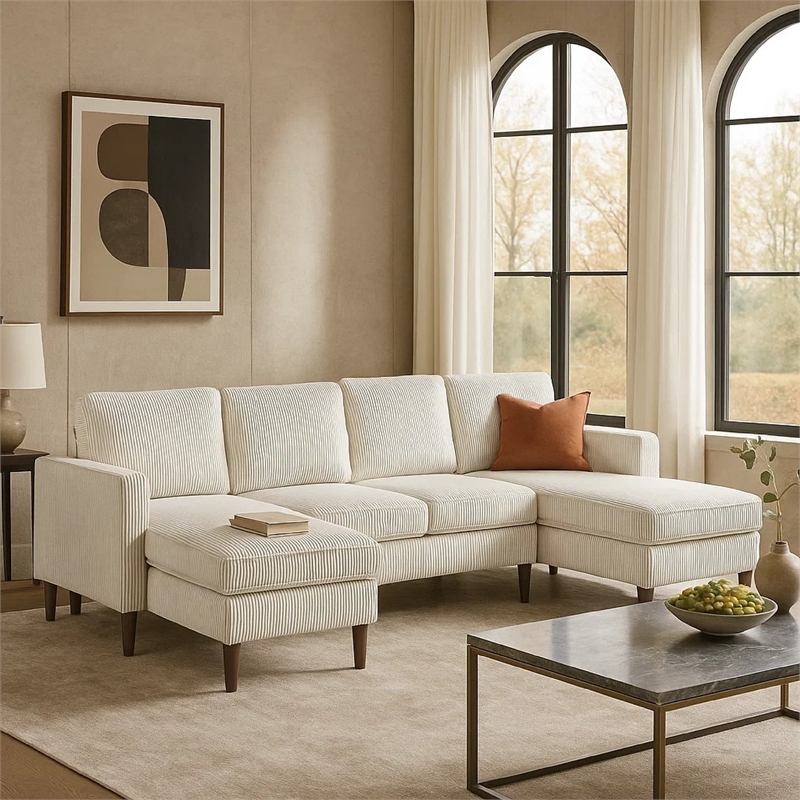 Nyla All-In-One Sectional Sofa Set with Double Chaise- Beige Corduroy