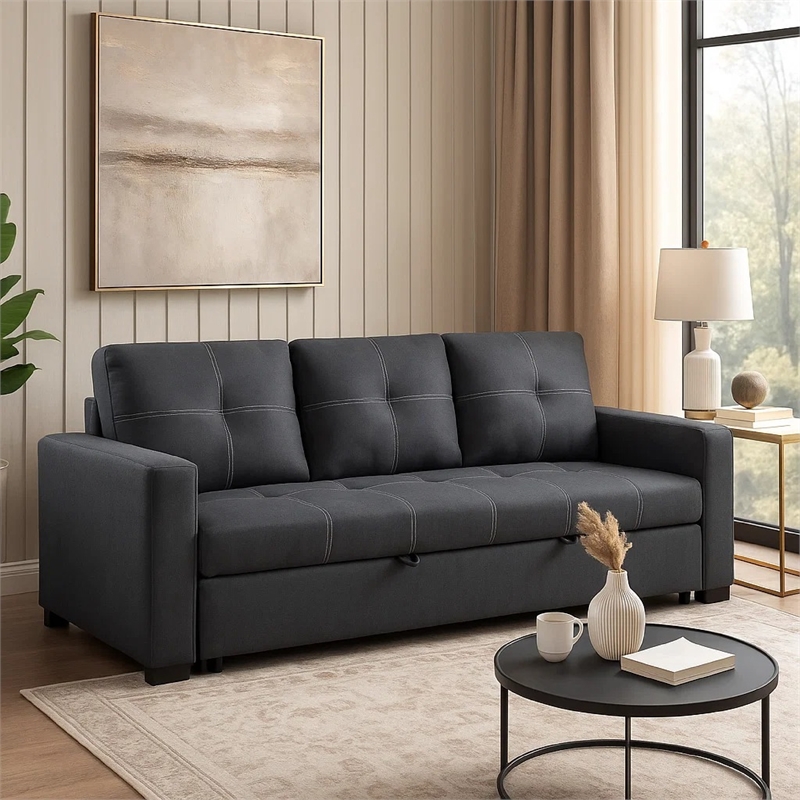 Angela Convertible Sofa with Pull-Out Bed- Black Cross Stitch Polyfiber