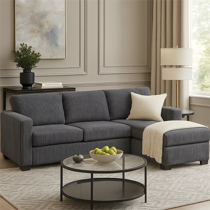 Leah All-In-One Chaise Sectional Sofa- Wide Track Arms- Gray Corduroy