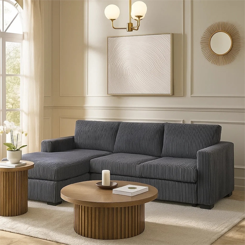 Leah All-In-One Chaise Sectional Sofa- Wide Track Arms- Gray Corduroy