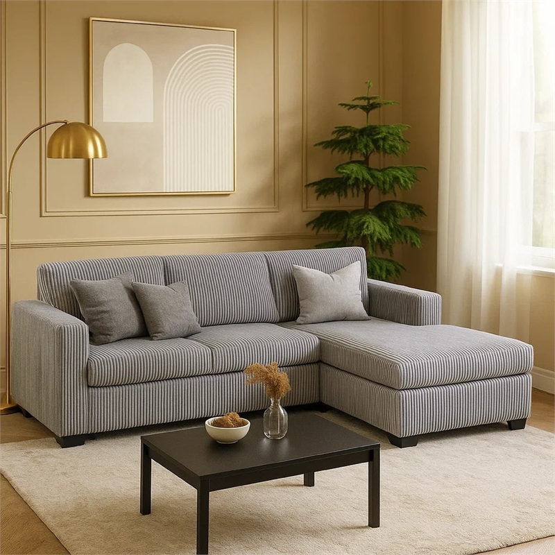 Leah All-In-One Chaise Sectional Sofa- Track Arms- Light Gray Corduroy