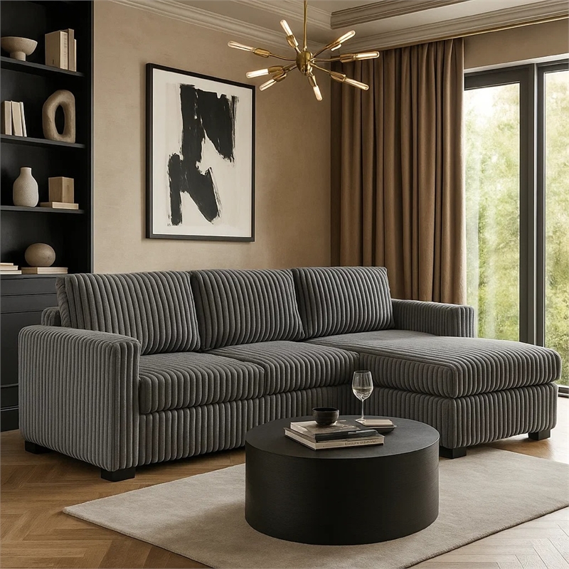 Leah All-In-One Chaise Sectional Sofa- Wide Track Arms- Gray Corduroy