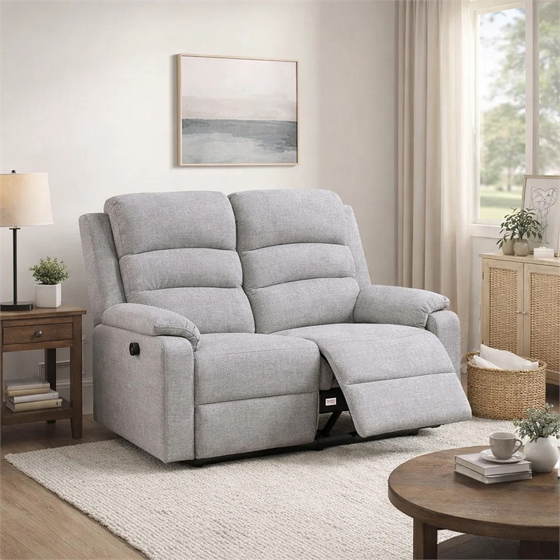 Sonia Manual Reclining Loveseat- Bone White Channel-Tufted Burlap- 53 Inch