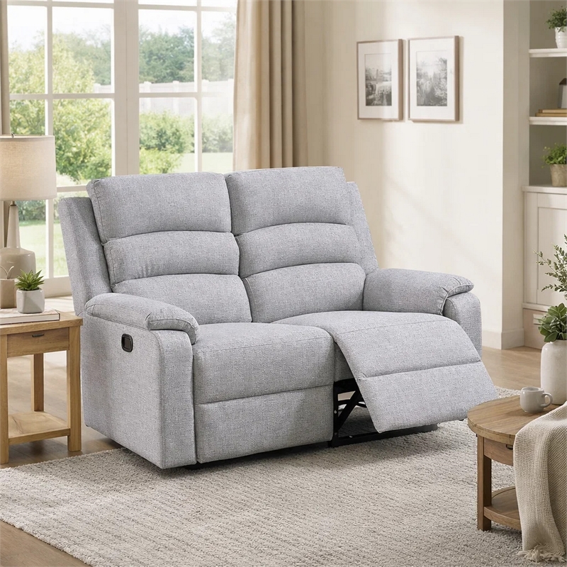 Sonia Manual Reclining Loveseat- Bone White Channel-Tufted Burlap- 53 Inch