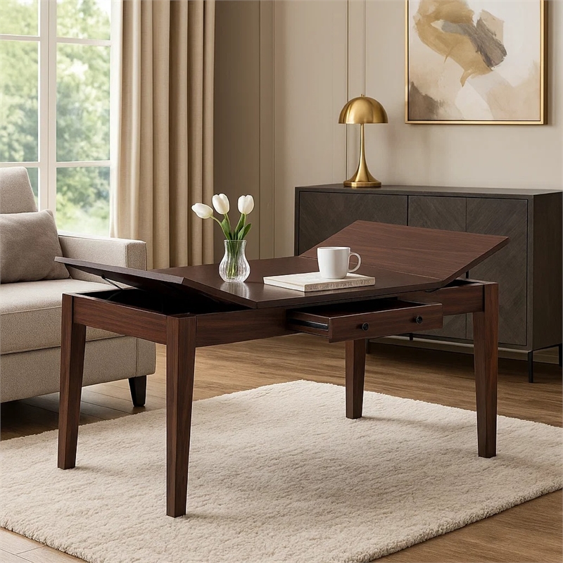 Sheryl Dining Table with Lift Top Hidden Storage- Walnut Brown