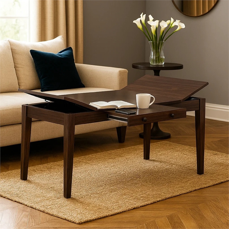 Sheryl Dining Table with Lift Top Hidden Storage- Walnut Brown