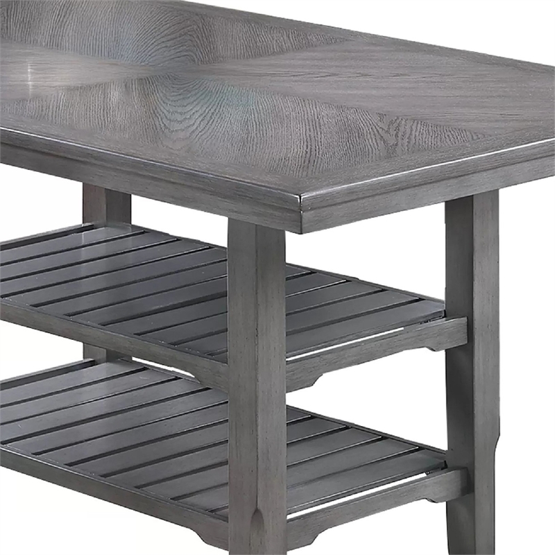 Suzy Counter-Height Table- 2 Slatted Shelves- Gray Rubberwood- 64 Inch
