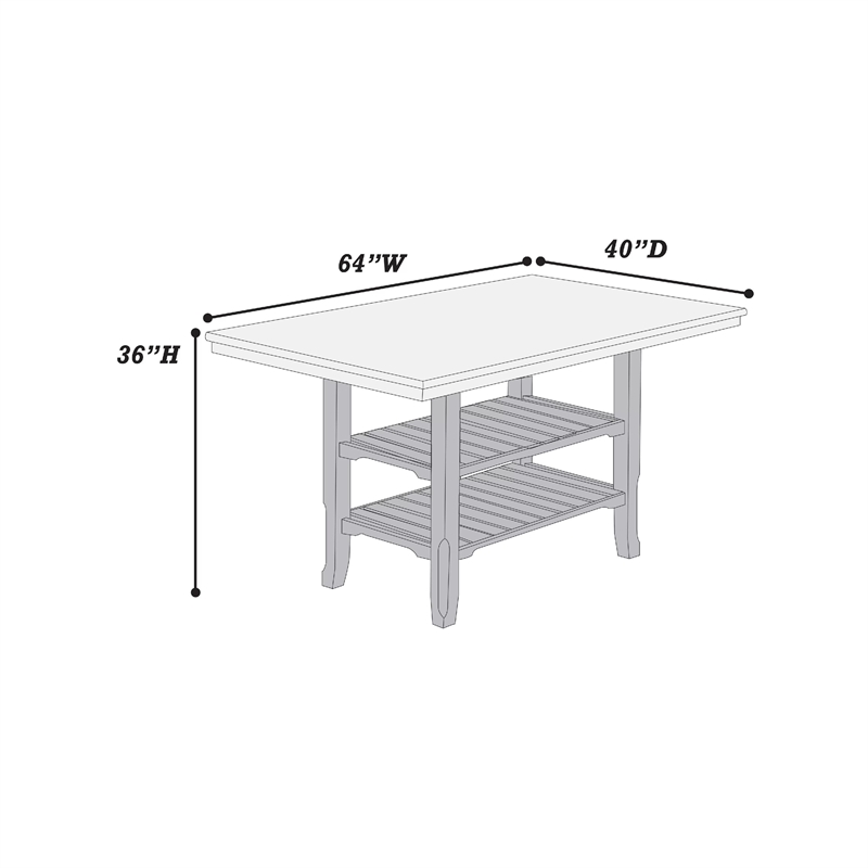 Suzy Counter-Height Table- 2 Slatted Shelves- Gray Rubberwood- 64 Inch