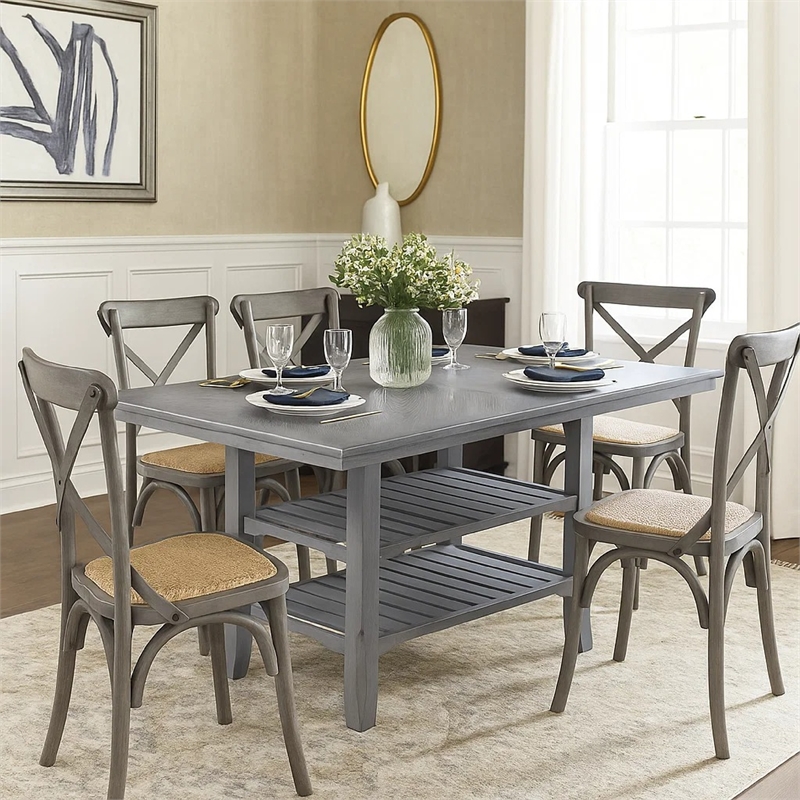 Suzy Counter-Height Table- 2 Slatted Shelves- Gray Rubberwood- 64 Inch