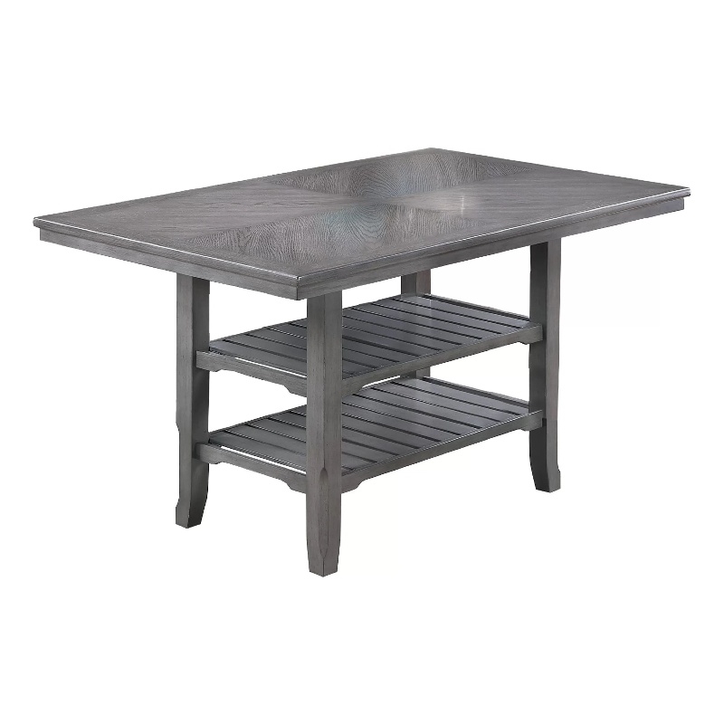 Suzy Counter-Height Table- 2 Slatted Shelves- Gray Rubberwood- 64 Inch