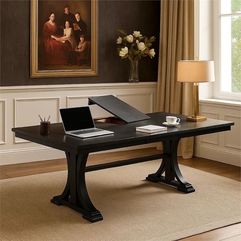 Berny Dining Table- Extension Leaf- Trestle Base- Gray Wood- 64-46 Inch