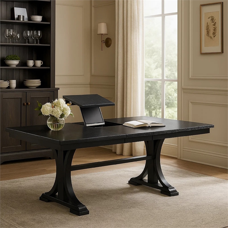 Berny Dining Table- Extension Leaf- Trestle Base- Gray Wood- 64-46 Inch