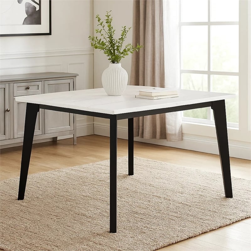 Soa Counter Height Table- 54 Inch Square White Marble Top- Black Legs