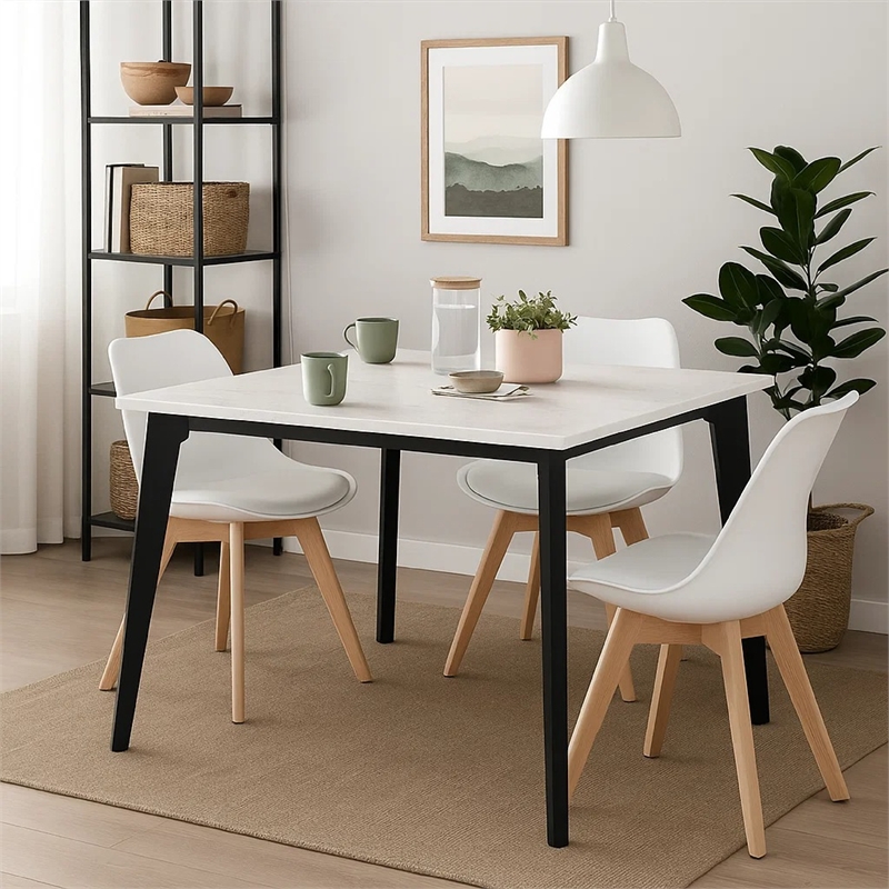 Soa Dining Table- 54 Inch Square White Marble Top- Black Legs