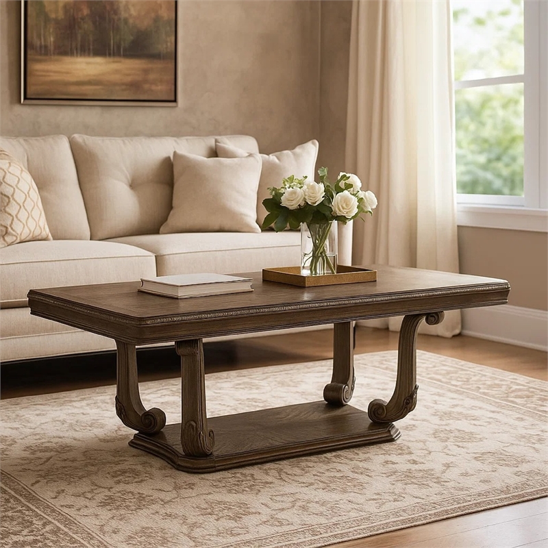 Hama Dining Table- 108 Inch Top with Scrolled Pedestal Base- Oak Brown