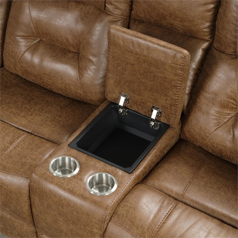 Kius Manual Recliner Sectional Sofa- Console- Tufted Brown Faux Leather