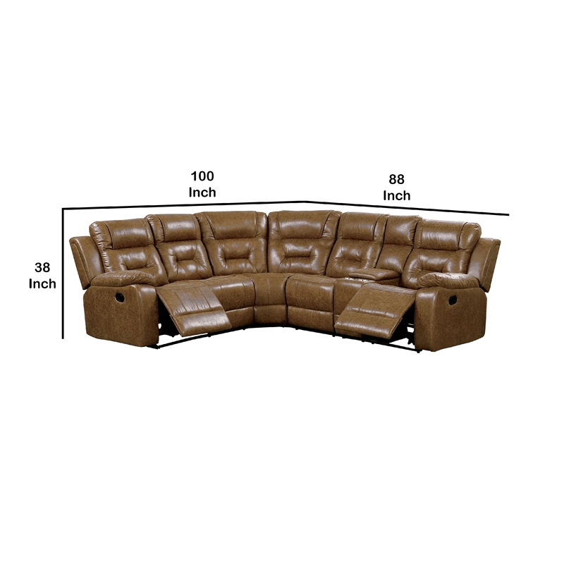 Kius Manual Recliner Sectional Sofa- Console- Tufted Brown Faux Leather