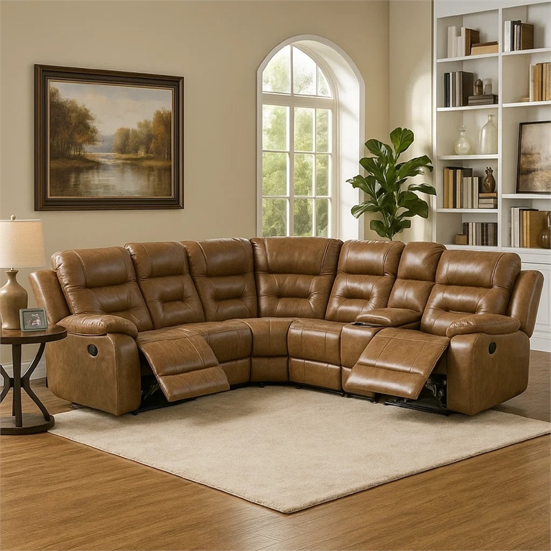Kius Manual Recliner Sectional Sofa- Console- Tufted Brown Faux Leather