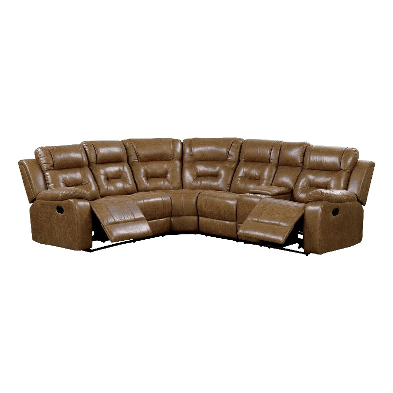 Kius Manual Recliner Sectional Sofa- Console- Tufted Brown Faux Leather