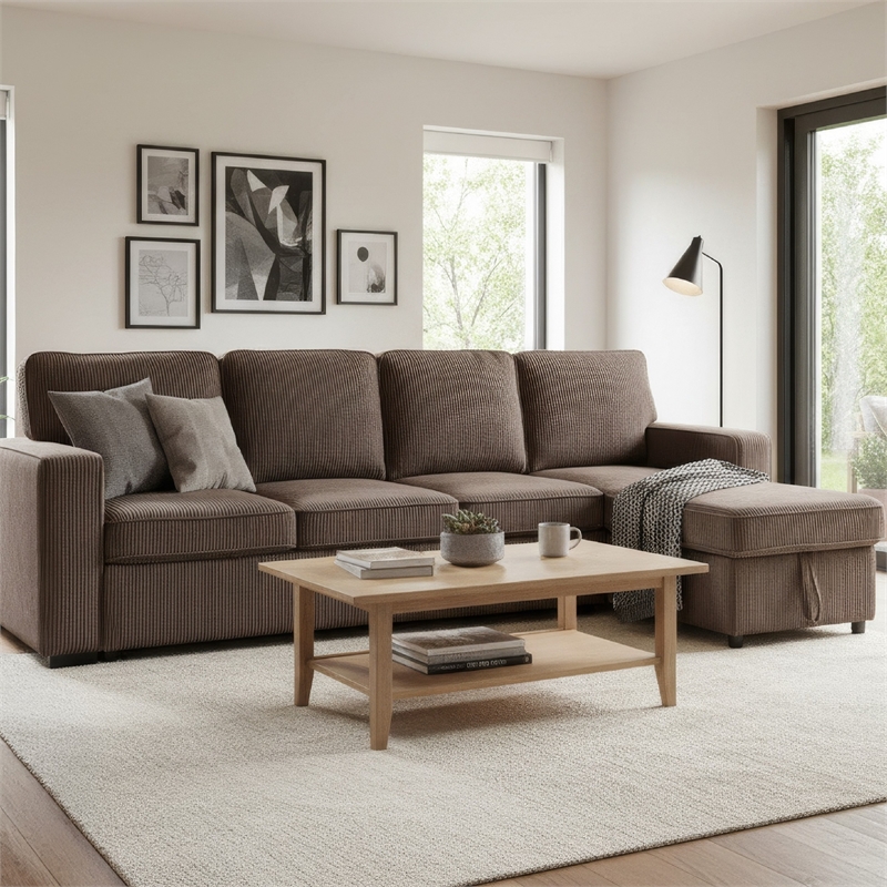 Seya Sleeper L Sectional Sofa- Storage Chaise- Brown Corduroy- 93 Inch