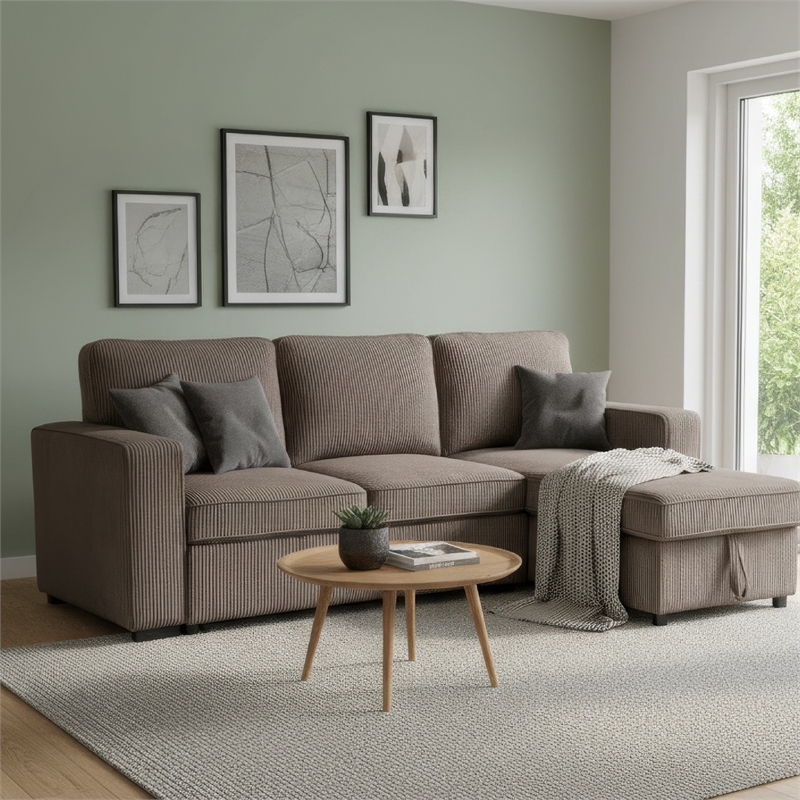 Seya Sleeper L Sectional Sofa- Storage Chaise- Brown Corduroy- 93 Inch