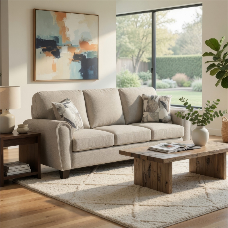 Loi Sofa w 2 Pillows- Reversible Cushion- Gray Chenille- 85 Inch