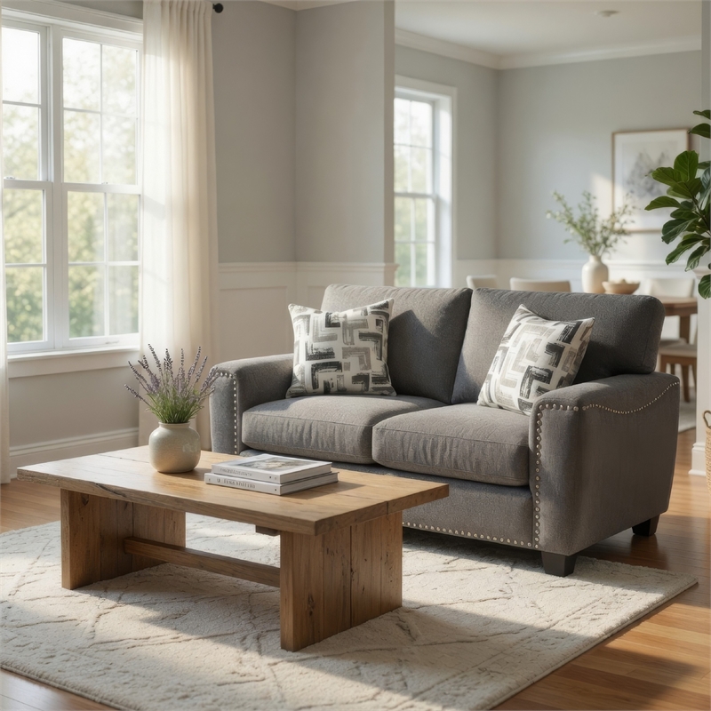Koi Loveseat with 2 Pillows- Reversible Cushions- Gray Chenille- 65 Inch