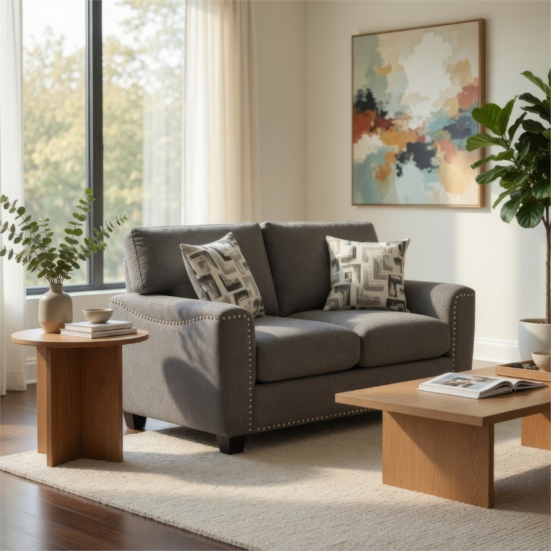 Koi Loveseat with 2 Pillows- Reversible Cushions- Gray Chenille- 65 Inch