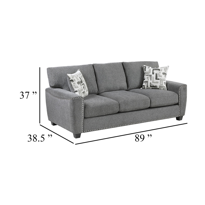 Koi Sofa with 2 Pillows- Reversible Cushions- Gray Chenille- 89 Inch