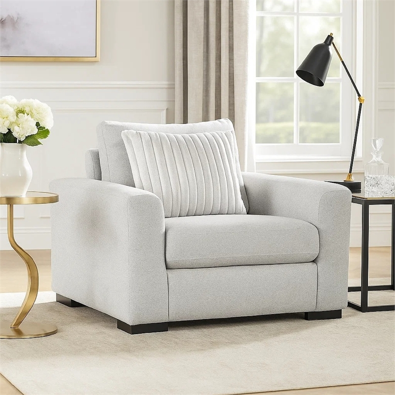 Zian Armchair w Pillow- Foam Cushions- Light Gray Microfiber and Corduroy