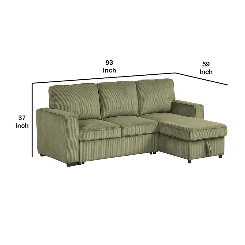Seya Sleeper L Sectional Sofa- Storage Chaise- Green Corduroy- 93 Inch