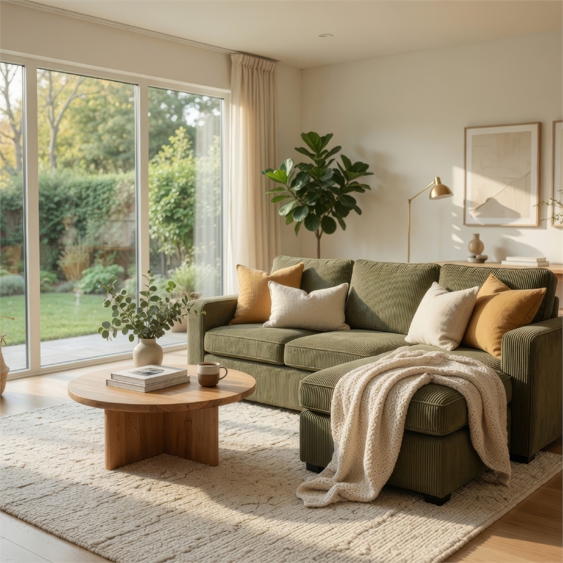 Seya Sleeper L Sectional Sofa- Storage Chaise- Green Corduroy- 93 Inch