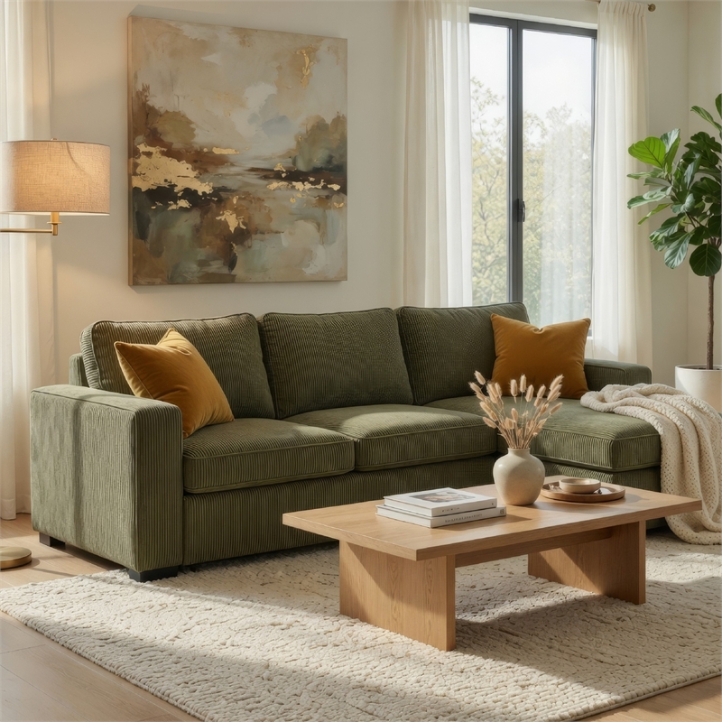 Seya Sleeper L Sectional Sofa- Storage Chaise- Green Corduroy- 93 Inch