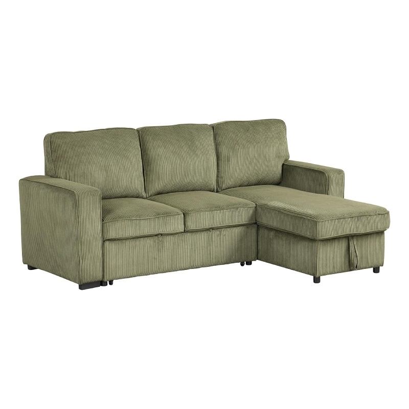 Seya Sleeper L Sectional Sofa- Storage Chaise- Green Corduroy- 93 Inch
