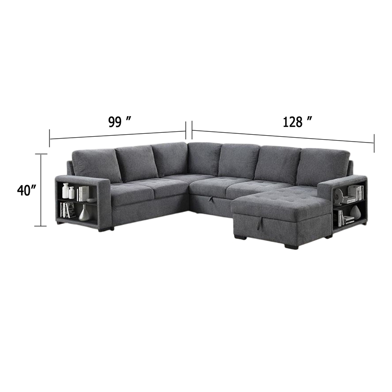 Stila Sleeper Sectional Sofa with Storage Chaise- 128 Inch Dark Gray