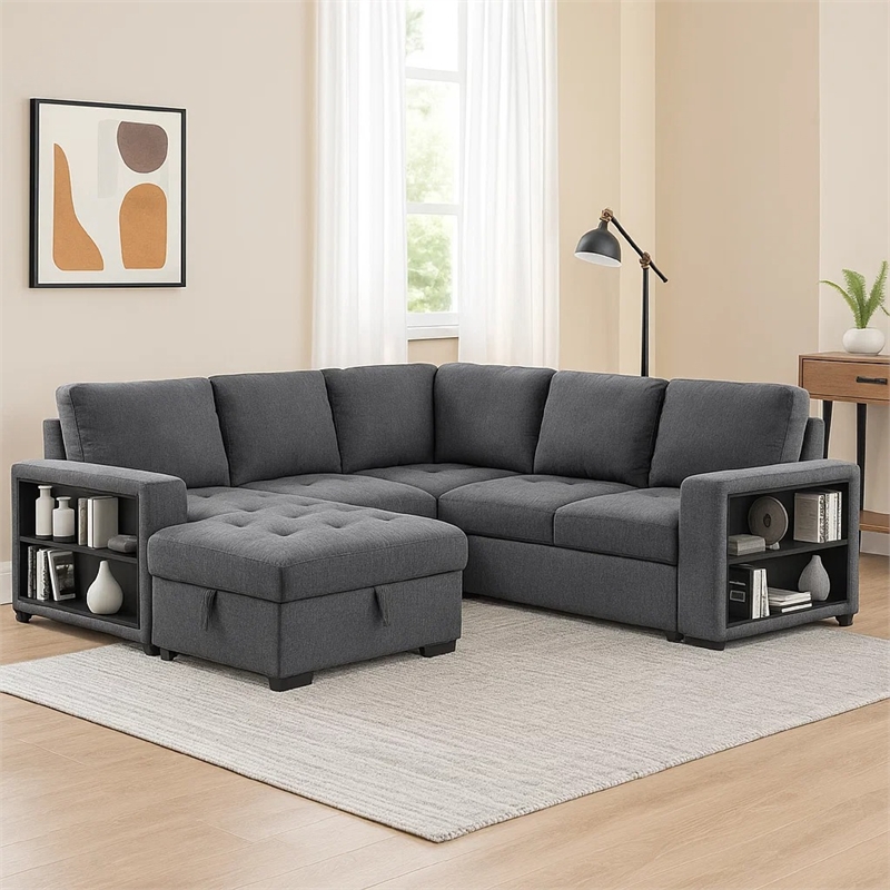 Stila Sleeper Sectional Sofa with Storage Chaise- 128 Inch Dark Gray