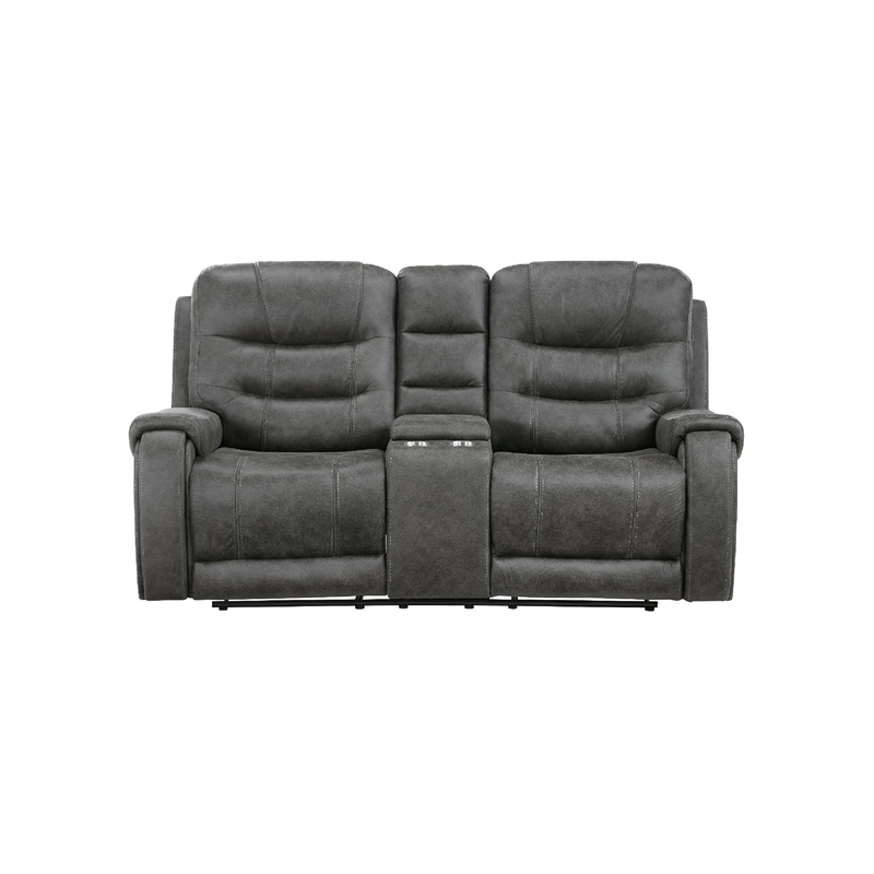 Erron Manual Reclining Loveseat w Console- Cupholders- Dark Gray Microfiber